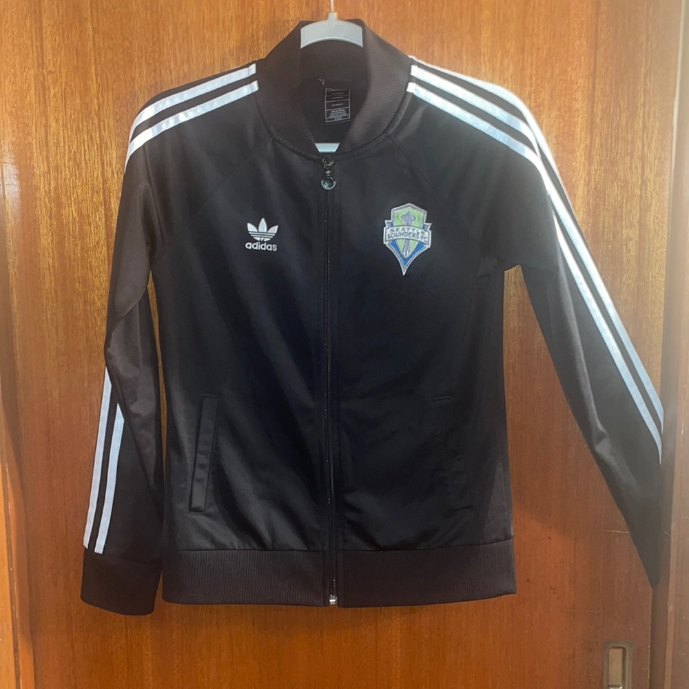 Adidas Sounders Soccer Black Bomber Jacket with White Stripes